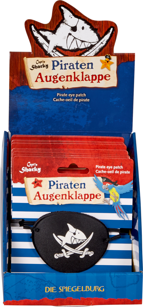 Displaybox mit Piraten-Augenklappen mit einem Cartoon-Hai und dem Text „Piraten-Augenklappe“.
