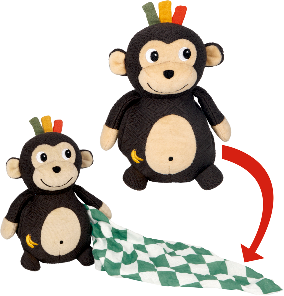 Kuscheltier mit Schnuffeltuch Affe - Little Wonder Stoffaffe mit bunten Haaren, aus dessen Seite ein grün-kariertes Tuch hervorschaut.