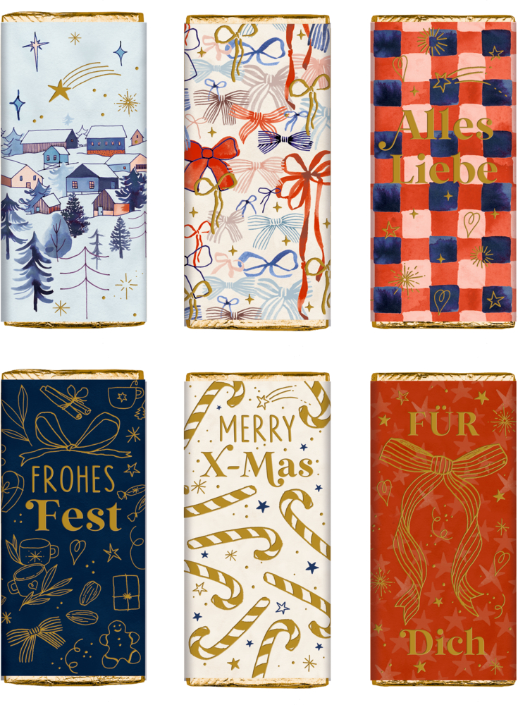 Sechs weihnachtliche Schokotafeln mit Wintermotiven, Bändern und Grußtext.