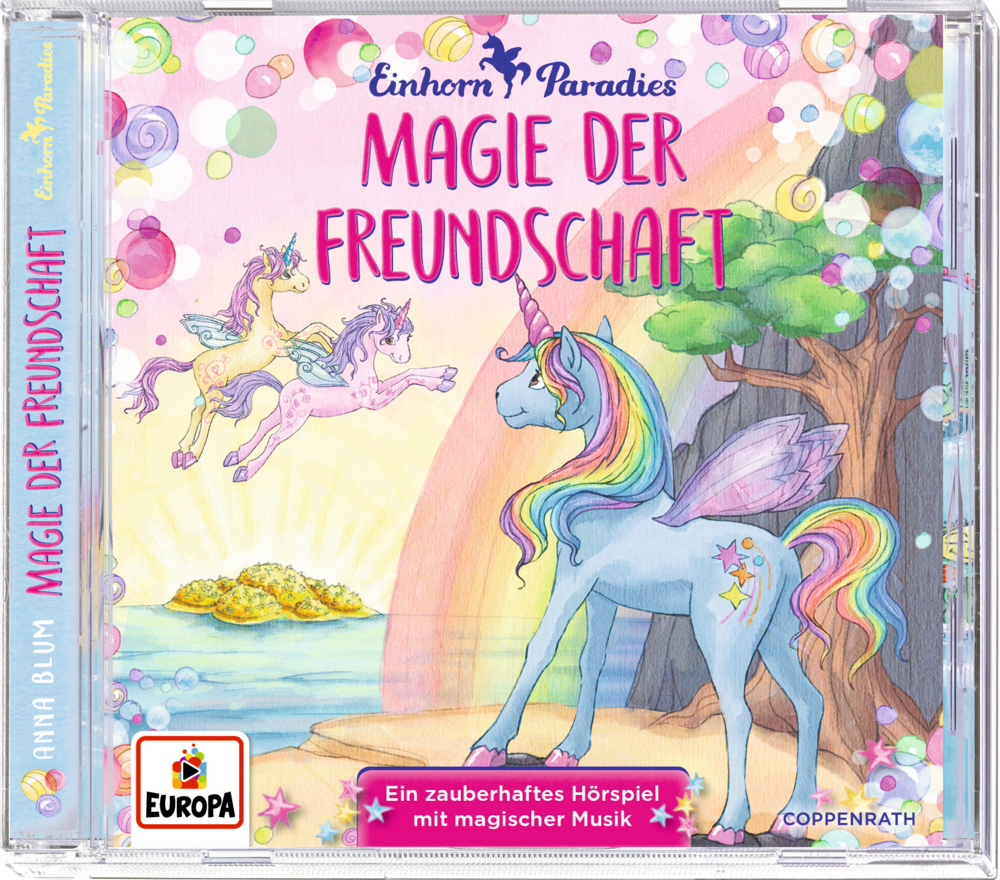 CD Hörspiel: Einhorn-Paradies (Bd. 2) Magie der Freundschaft Farbenfrohes CD-Cover: Magische Einhörner an einem Regenbogenwasserfall, betitelt „Magie der Freundschaft“.