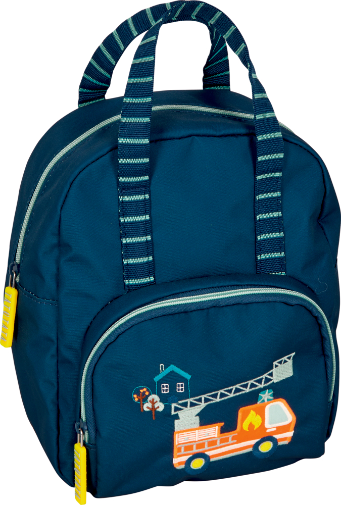 Rucksack Feuerwehr - Wenn ich mal groß bin Blauer Kinderrucksack mit Feuerwehrauto und Haus auf der Vordertasche und gestreiften Tragegriffen.