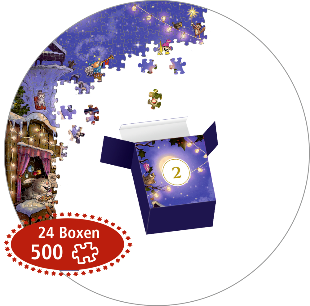 Offene Box mit der Zahl 2, daneben ein teilweise zusammengesetztes Puzzle mit winterlicher Szene.