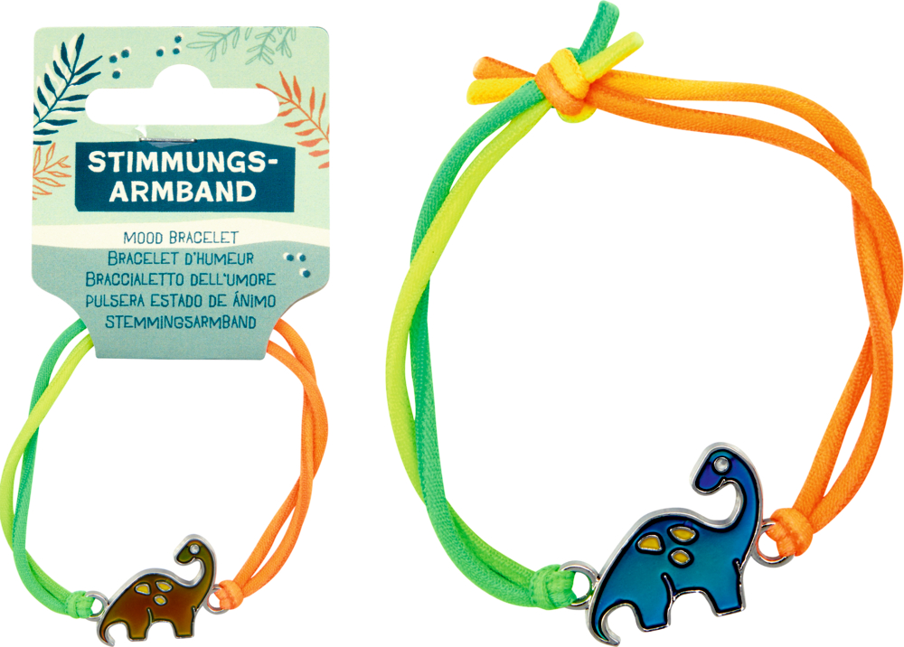 Zwei farbenfrohe Stimmungsarmbänder mit Dinosaurier-Anhängern und einem Etikett mit der Aufschrift „STIMMUNGS-ARMBAND“.