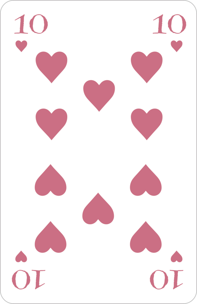 Spielkarte Herz Zehn mit roten Herzsymbolen.