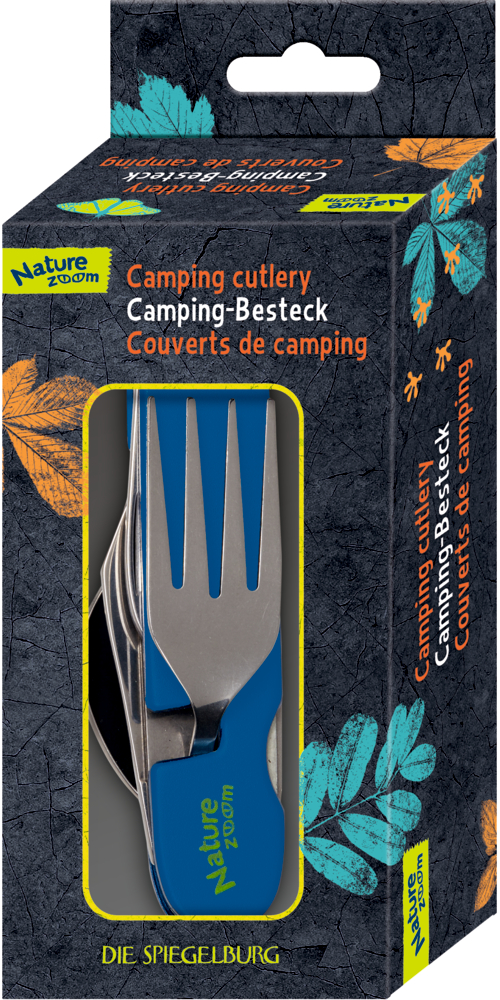 Box mit Nature Zoom Campingbesteck mit blauen Griffen, sichtbar durch ein Fenster auf der Verpackung.