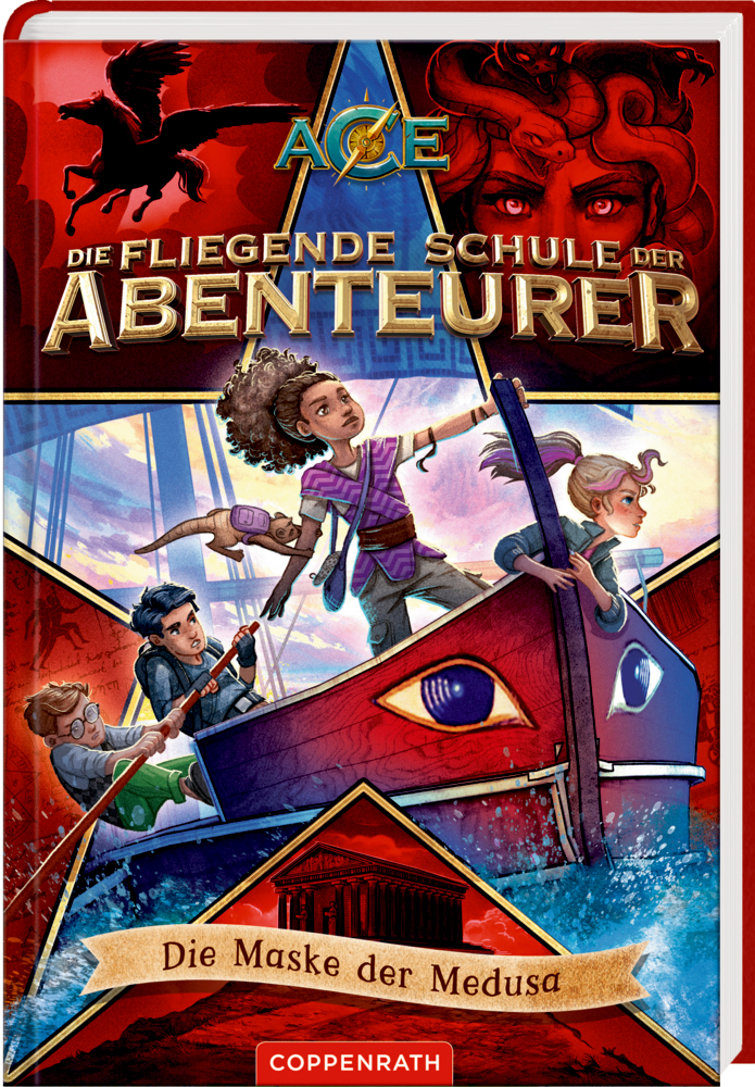Die fliegende Schule der Abenteurer (Bd. 4) Buchcover: Vier Kinder auf einem roten Boot; mythologische Wesen im Hintergrund; Coverschriftzug: Die Maske der Medusa.