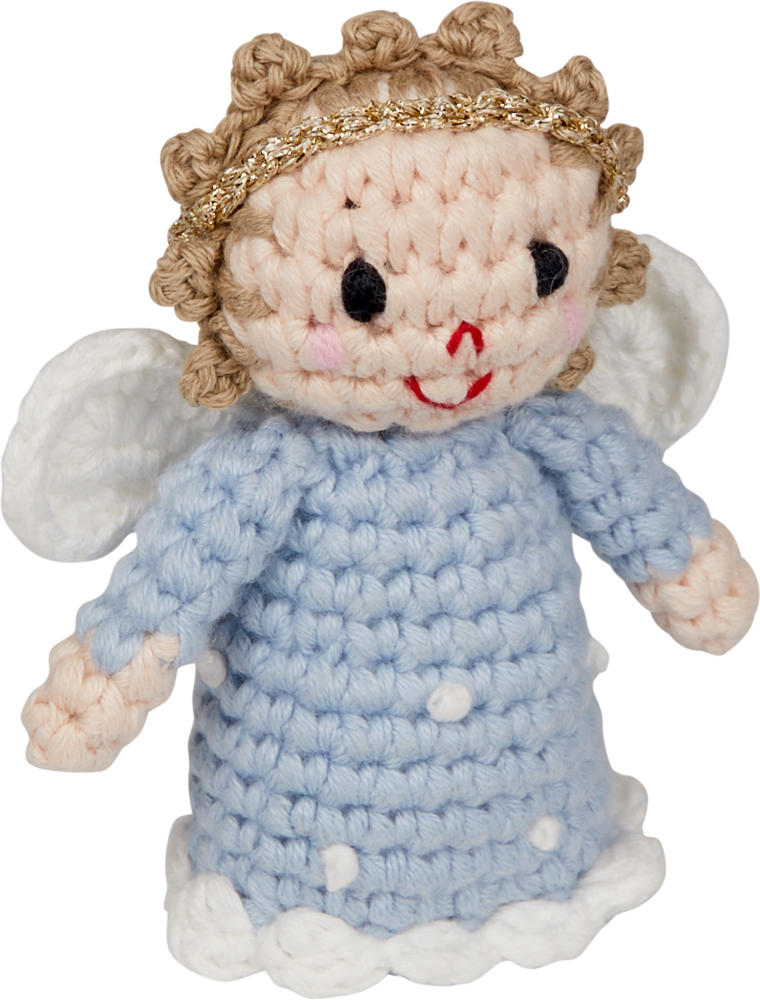 Häkel-Rassel Schutzengel - BabyGlück Gehäkelte Engelspuppe mit Flügeln, blauem Kleid und rosigen Wangen, die süß lächelt.