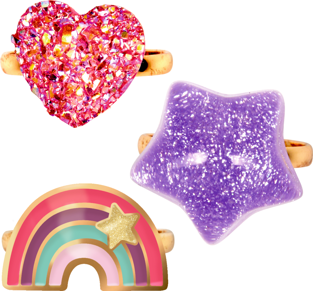 Ring - Prinzessin Lillifee (Glitter&Gold) Drei goldene Ringe mit einem rosa Glitzerherz, einem lila Glitzerstern und einem Regenbogen mit einem goldenen Stern.
