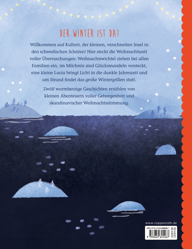 Buchrückseite: Illustration mit verschneiten kleinen Inseln im dunklen Meer vor blauem Himmel mit Lichterkette und Text in der oberen Bildhälfte.