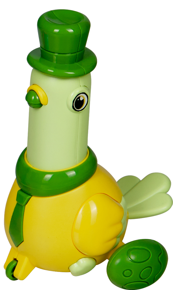 Gelb-grüne Spielzeugtaube mit Hut,  Krawatte und grünem Ei daneben.