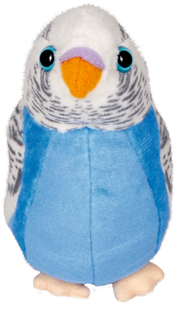 Blau-weißes Plüsch-Sittichspielzeug mit schwarzen Augen und orangefarbenem Schnabel.