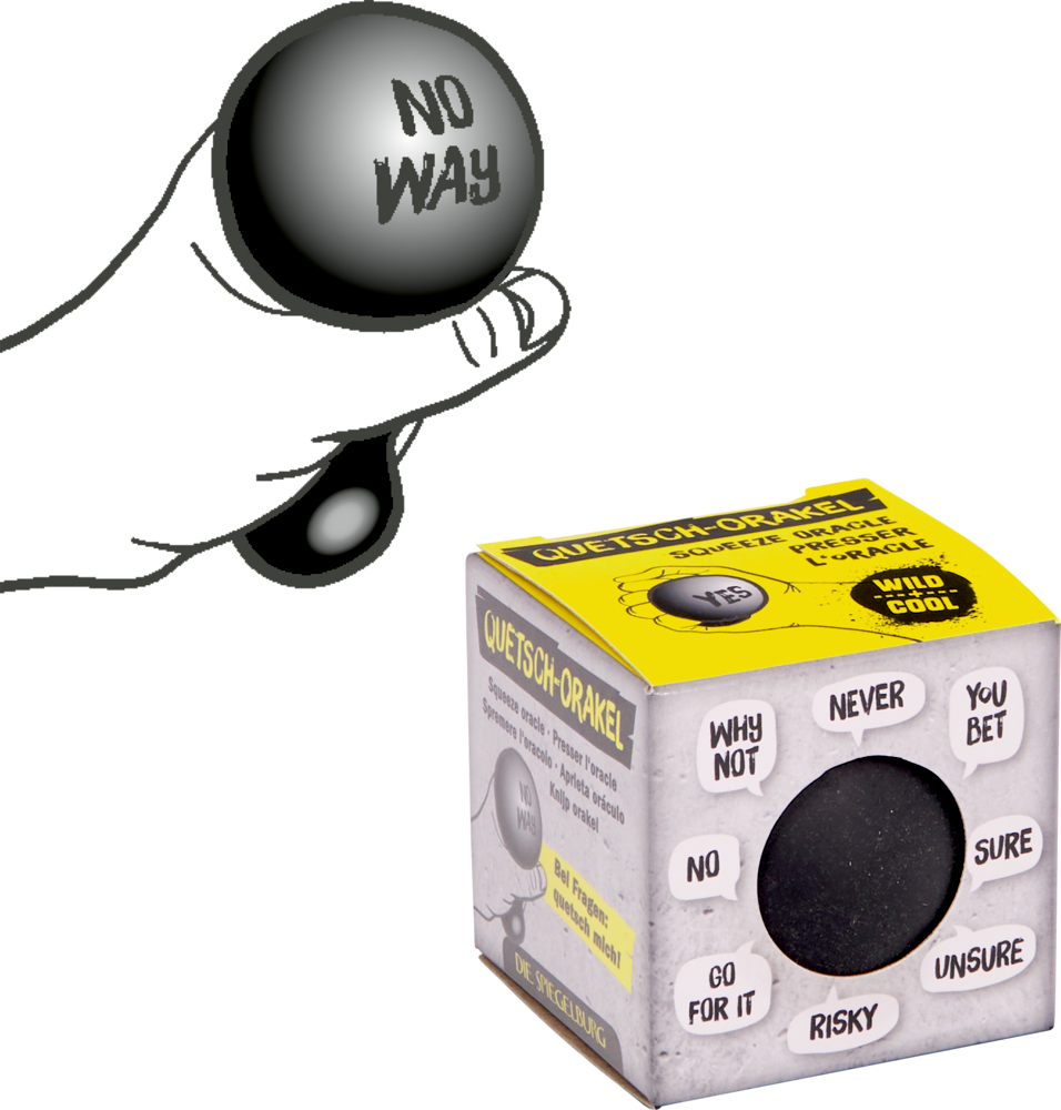 Eine Hand drückt einen schwarzen Ball mit Aufschrift NO WAY zusammen. Daneben eine Pappbox mit mehren Antwortoptionen.