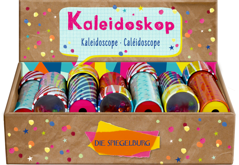 Eine bunte Schachtel mit Kaleidoskopen mit lebendigen Mustern, beschriftet mit „Kaleidoskop“ und „Die Spiegelburg“.