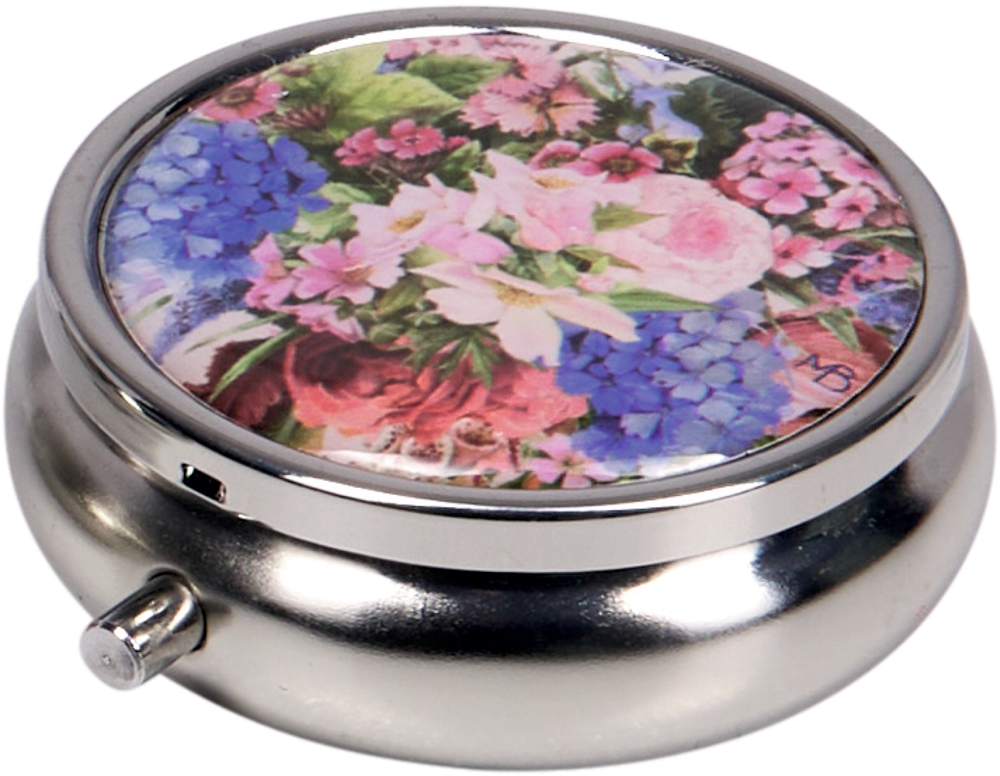 Runde silberne Dose mit floralem Deckelmotiv in Rosa, Blau und Grün.