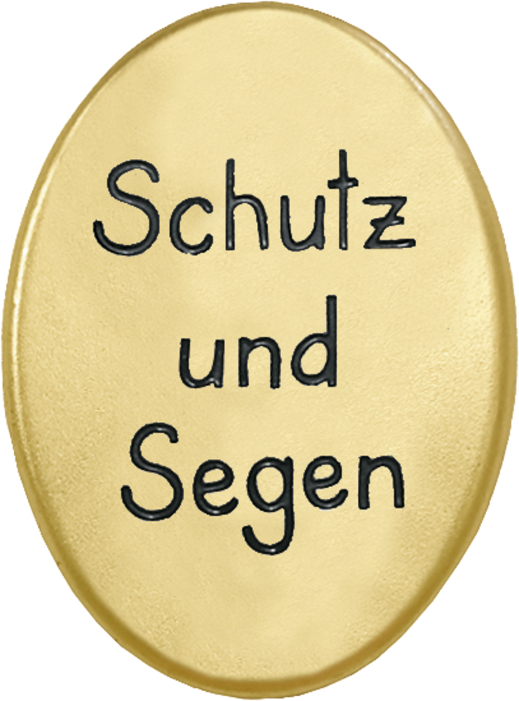 Rückseite einer goldenen, ovale, Schutzengelmünze mit der Textprägung „Schutz und Segen“.