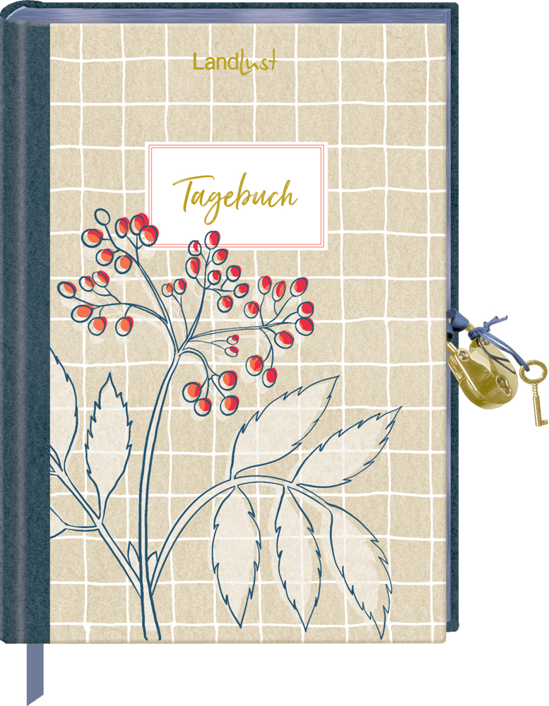 Tagebuch mit Schloss: LandLust Tagebuch mit botanischer Illustration, Schloss und Schlüssel und „Tagebuch“ auf dem Umschlag.