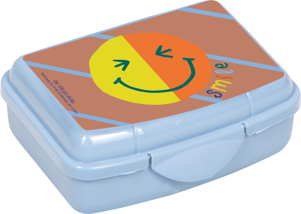 Hellblaue Lunchbox mit zwinkerndem Smiley-Gesicht und dem Schriftzug Smile auf dem Deckel.