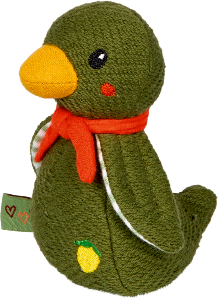 Knistertier Ente - Little Wonder Seitenansicht einer grünen Plüschende mit orangefarbenem Schnabel und rotem Schal.