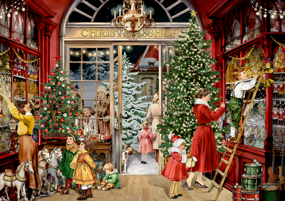 Menschen dekorieren ein weihnachtlich geschmücktes Geschäft mit Tannenbäumen, Spielzeugen und Geschenken, draußen steht Schnee.
