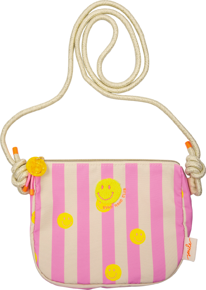 Kleine Tasche mit rosa und beigen Streifen, gelben Smiley-Gesichtern und cremefarbenem Seilriemen mit orangen Details.