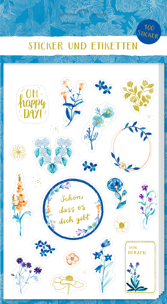 Stickerbogen: Sticker u. Etiketten - All about blue Verpackung mit Stickerbogen mit floralen Motiven, verschiedenen Sprüchen, blau-gelben Blumen.