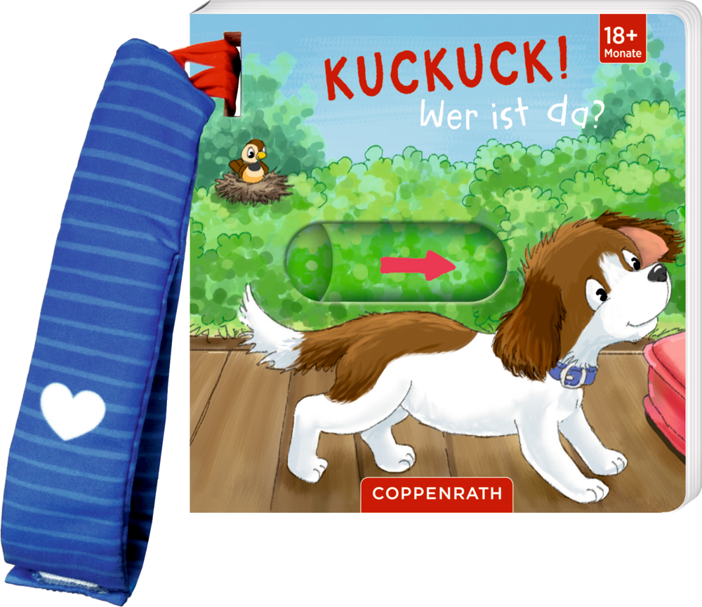 Kinderbuch: Hundeillustration, blau gestreiftes Buggyband mit Herzsymbol.