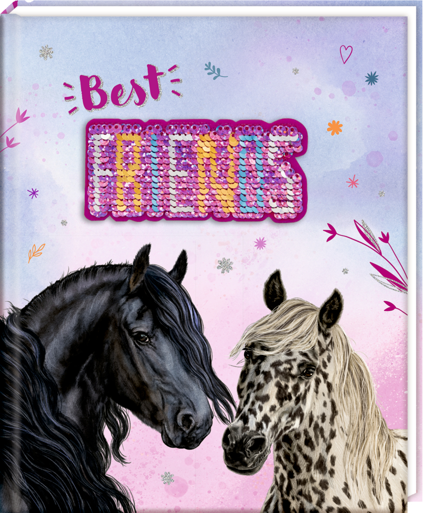 Freundebuch: Pferdefreunde (Wendepailletten) - Best friends Freundebuchcover mit zwei illustrierten Pferdeköpfen unter dem Schriftzug „Best Friends“ in bunten Pailletten auf pastellfarbenem Hintergrund.