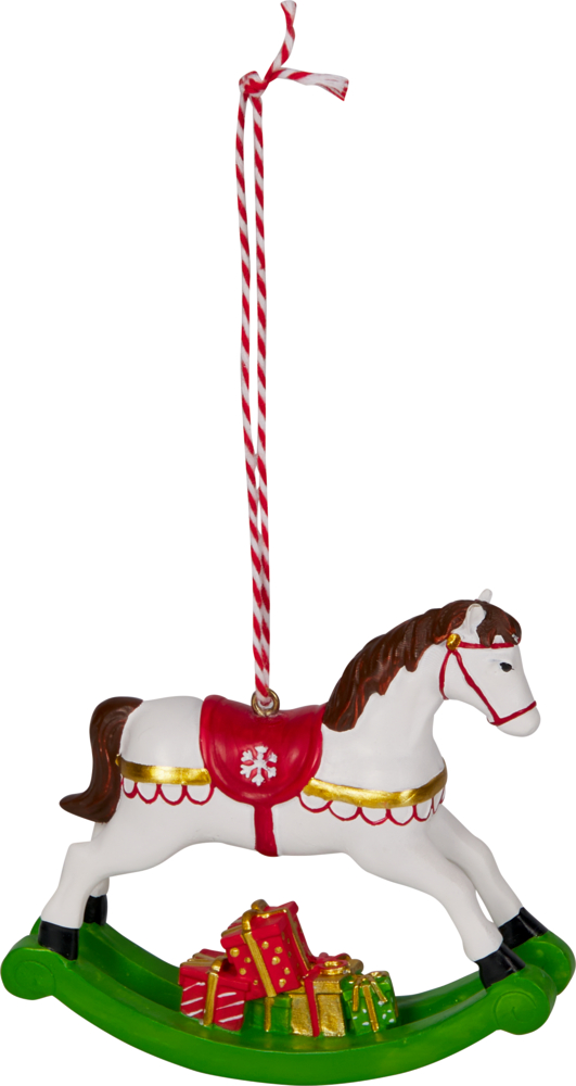 Weiße Schaukelpferd-Weihnachtsdeko mit Geschenken auf grünen Kufen und rot-weißer Aufhängeschnur.