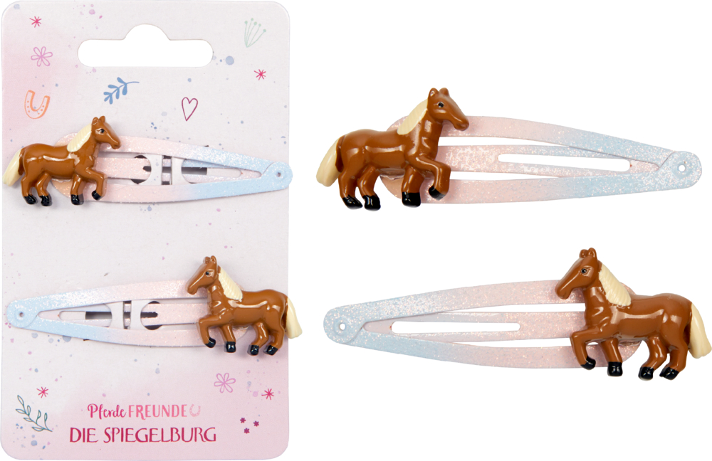Zwei glitzernde Haarspangen mit rosa-/hellblauem Farbverlauf und hellbrauner Pferdefigur, befestigt an einer Displaykarte.