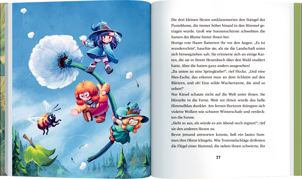 Buchinnenseiten mit Text rechts und Illustration dreier kleiner Hexen, die auf großen Pusteblume durch den Himmel fliegen, links.