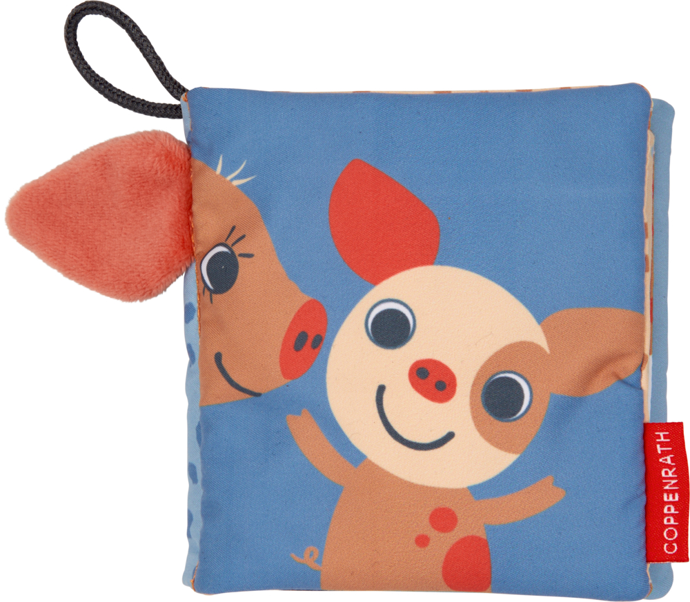 Mein allerliebstes Knisterbuch: Bauernhof (Fühlen&begreifen) Weiches blaues Babybuch mit niedlichen Schweinen auf dem Cover, sowie einem plüschigen rosa Ohr an der Seite.