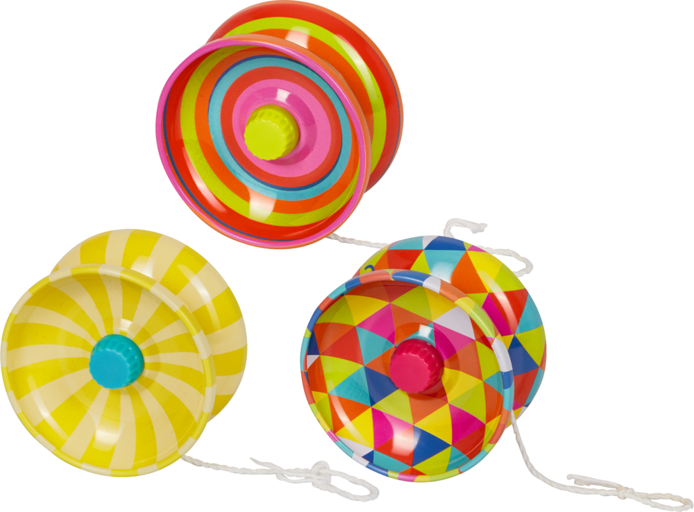 Buntes Jojo aus Metall - Bunte Geschenke Drei leuchtende Jo-Jos mit bunten Mustern und Schnüren auf weißem Hintergrund.