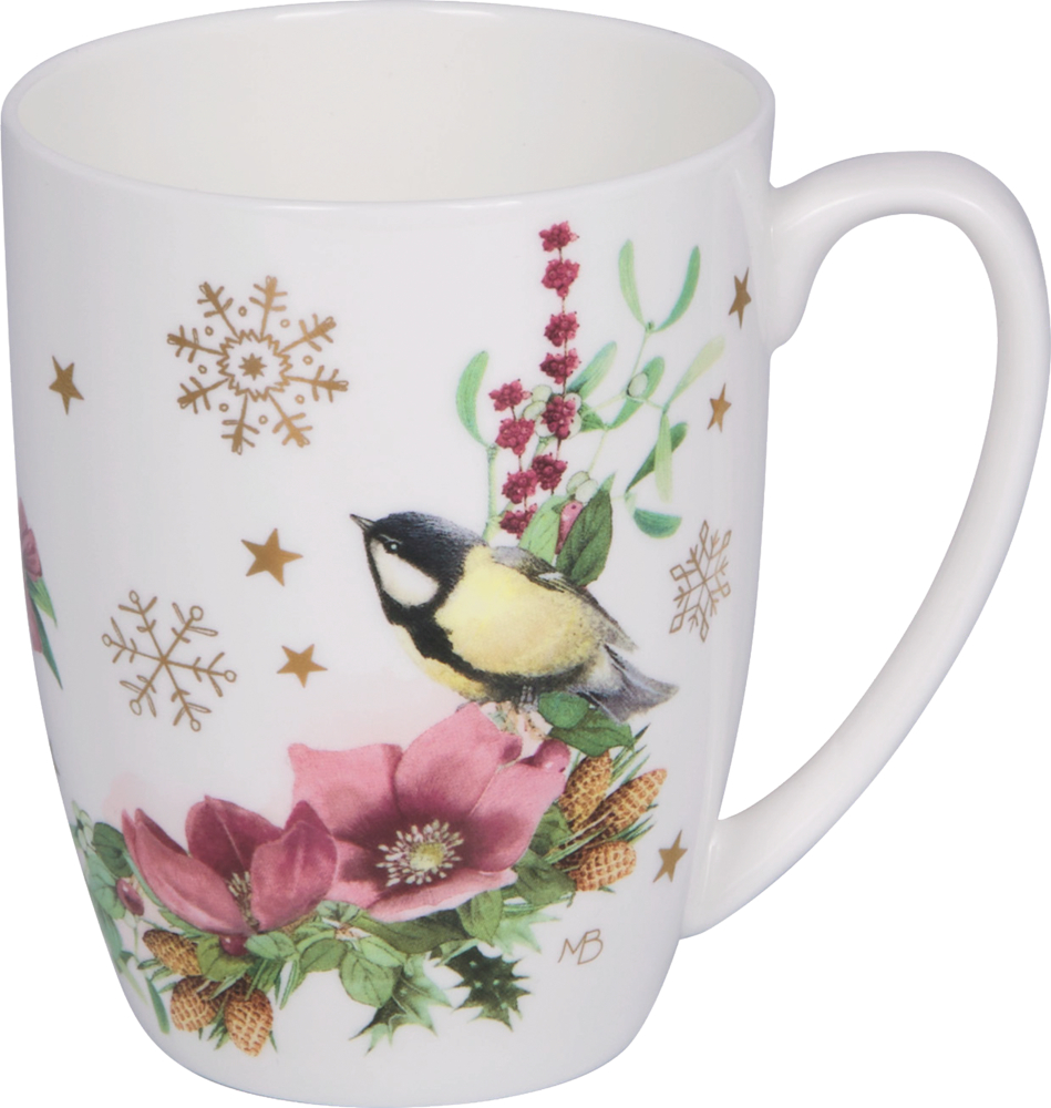 Weiße Tasse mit Motiv aus Vogel, pinken Blüten, grünen Blättern, goldenen Sternen und Schneeflocken.
