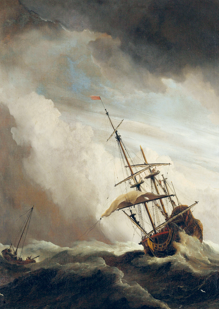 Beilage auf der ein großes Schiff und ein kleines Boot kämpfen unter einem dunklen, wolkenverhangenen Himmel gegen die raue, stürmische See.