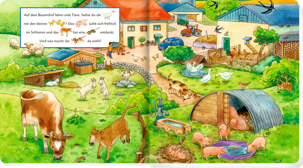 Offenes Buch mit Text und einer bunten Bauernhofszene mit Kühen, Schweinen, Hühnern, Enten, Ziegen und Scheunen.