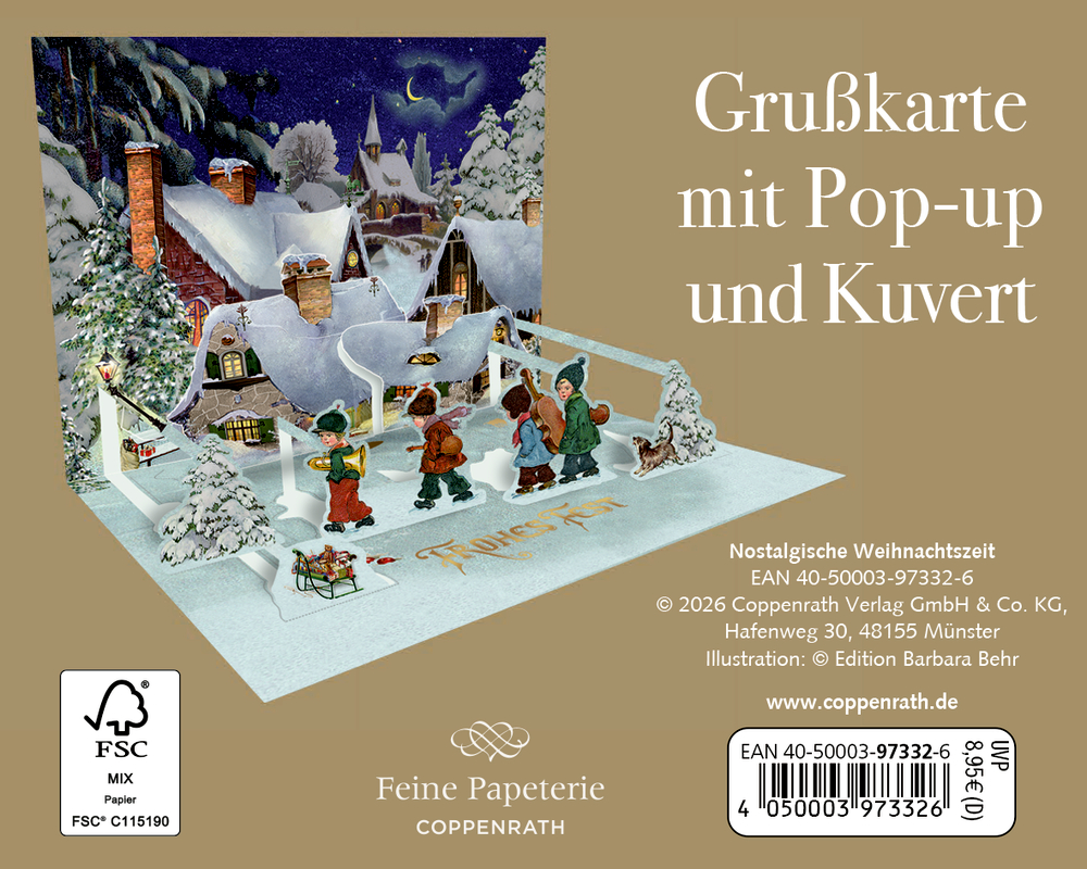 Pop-up-Grußkarte mit winterlicher Dorfszene, schneebedeckten Häusern und Kindern mit Musikinstrumenten.