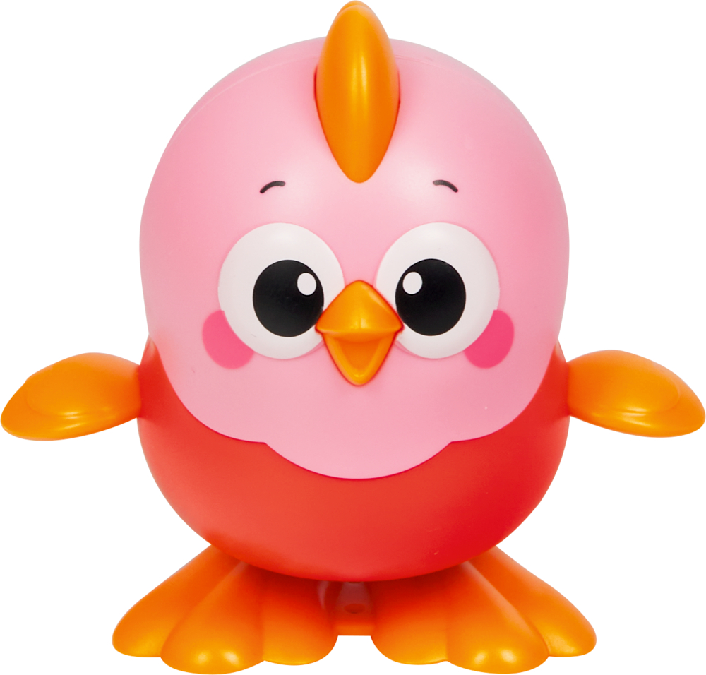 Spielzeugvogel mit großen Augen, orangefarbenem Schnabel, orangenen Flügeln und Füßen sowie grün-blauem Körper.