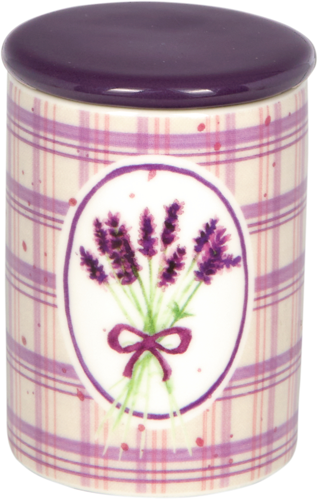 Keramikdose mit lila Deckel, kariertem Muster und Lavendelstrauß-Abbildung auf der Vorderseite.