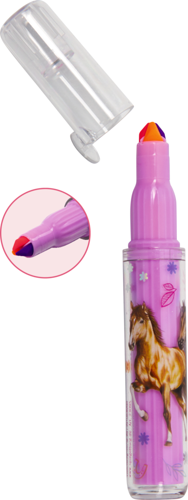 Ein pinker Marker mit Pferdeabbildung und mehrfarbiger Spitze, die durchsichtige Kappe ist abgenommen.