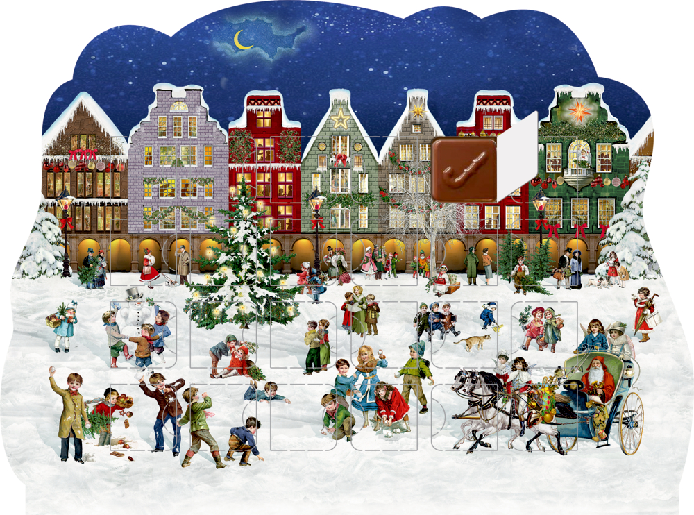 Weihnachtsstraße, Konturgestanzter Schoko-Adventskalender (Behr) Kinder und Erwachsene laufen Schlittschuh und spielen nachts auf einem verschneiten, dekorierten Stadtplatz.