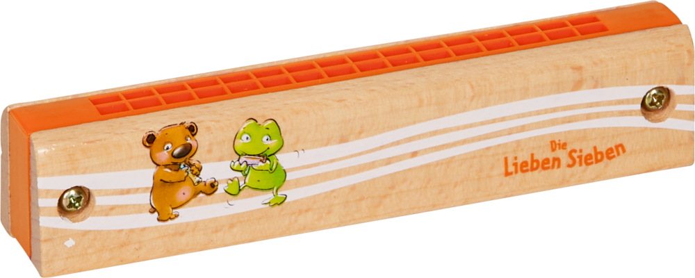 Mundharmonika - Die Lieben Sieben Hölzerne Mundharmonika mit orangefarbenen Seiten und Bären- und Frosch-Illustrationen.