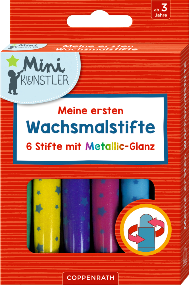 Meine ersten Wachsmalstifte (Mini-Künstler) Set mit sechs Metallic-Wachsmalstiften für Kinder, beschriftet mit „Meine ersten Wachsmalstifte“, geeignet für Kinder ab 3 Jahren.