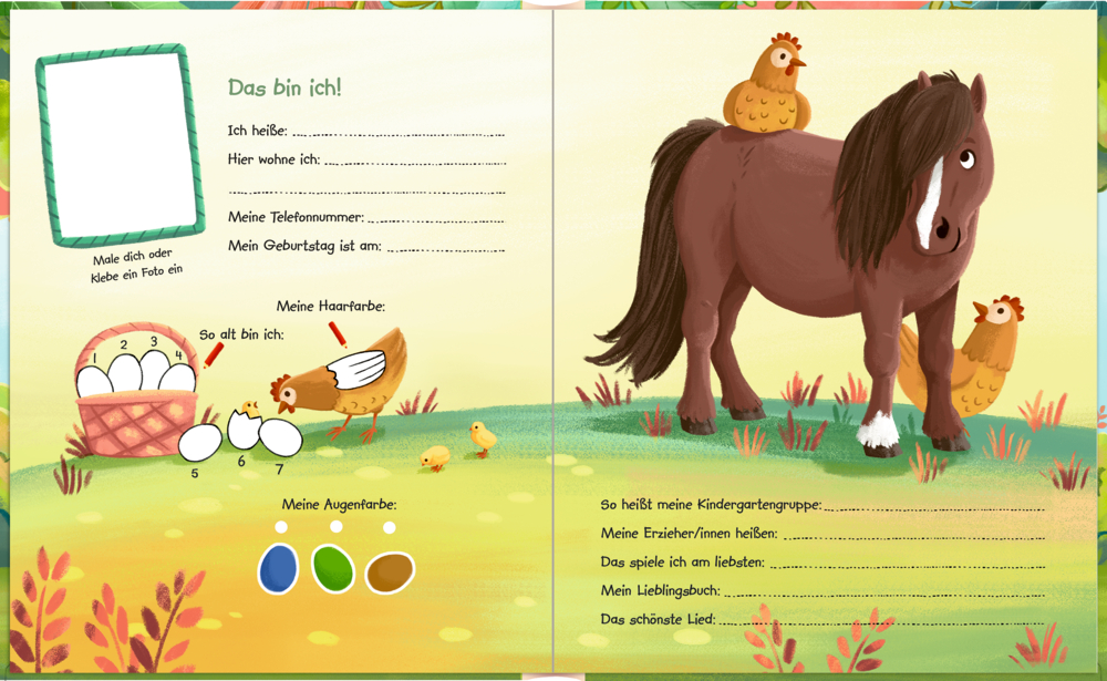 Illustration mit Huhn, zwei Küken und Beschreibungstext zum Pony-Freundebuch von Coppenrath.