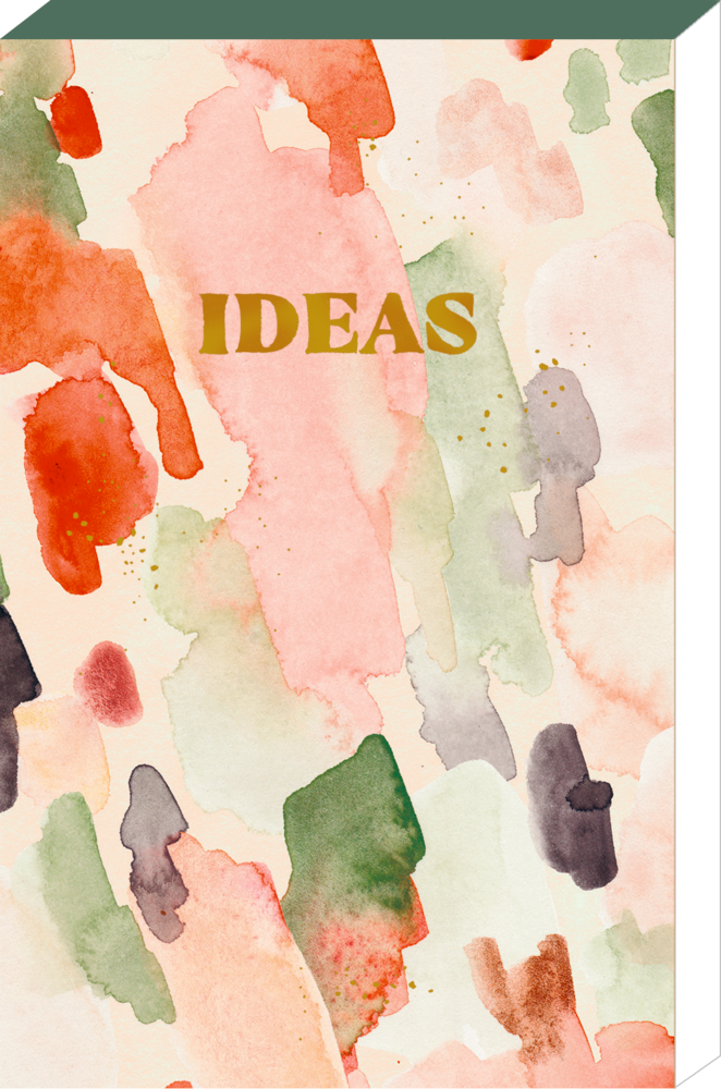 Aquarellhintergrund mit dem Wort „IDEAS“ in fetten goldenen Buchstaben in der Mitte.