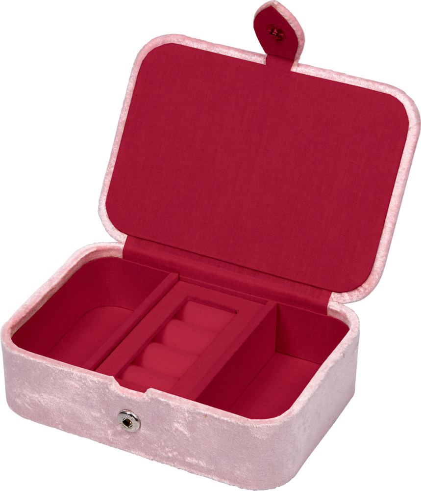 Offene Schmuckbox mit rosa Außenseite, rotem Innenfutter und Fächern für Ringe und Kleinteile.
