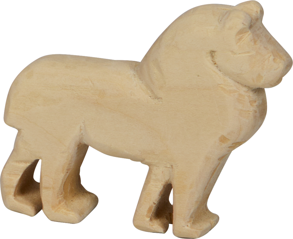 Naturbelassender, fertig geschnitzter Holzlöwe.