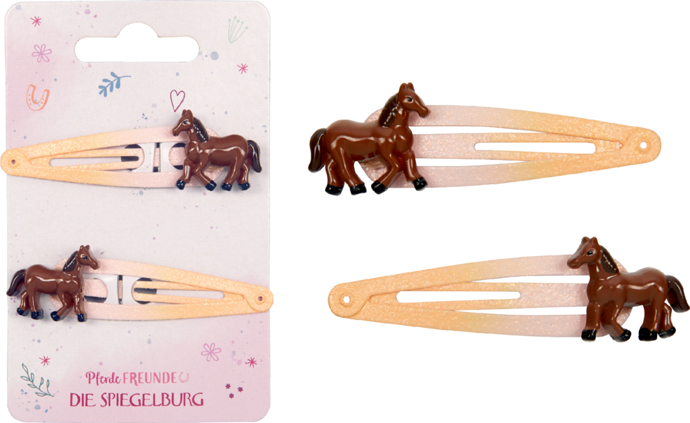Zwei rosa-/pfirsichfarbene Glitzer-Haarspangen mit Farbverlauf und aufgeklebter, dunkelbrauner Pferdefigur, einzeln und auf einer Displaykarte präsentiert.