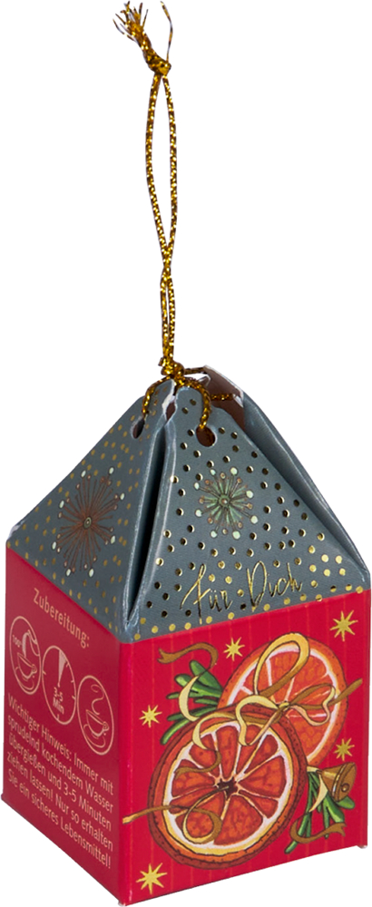 Rot-graue pyramidenförmige Teeverpackung mit goldener Kordel und Abbildung von Orangenscheiben und Sternen.
