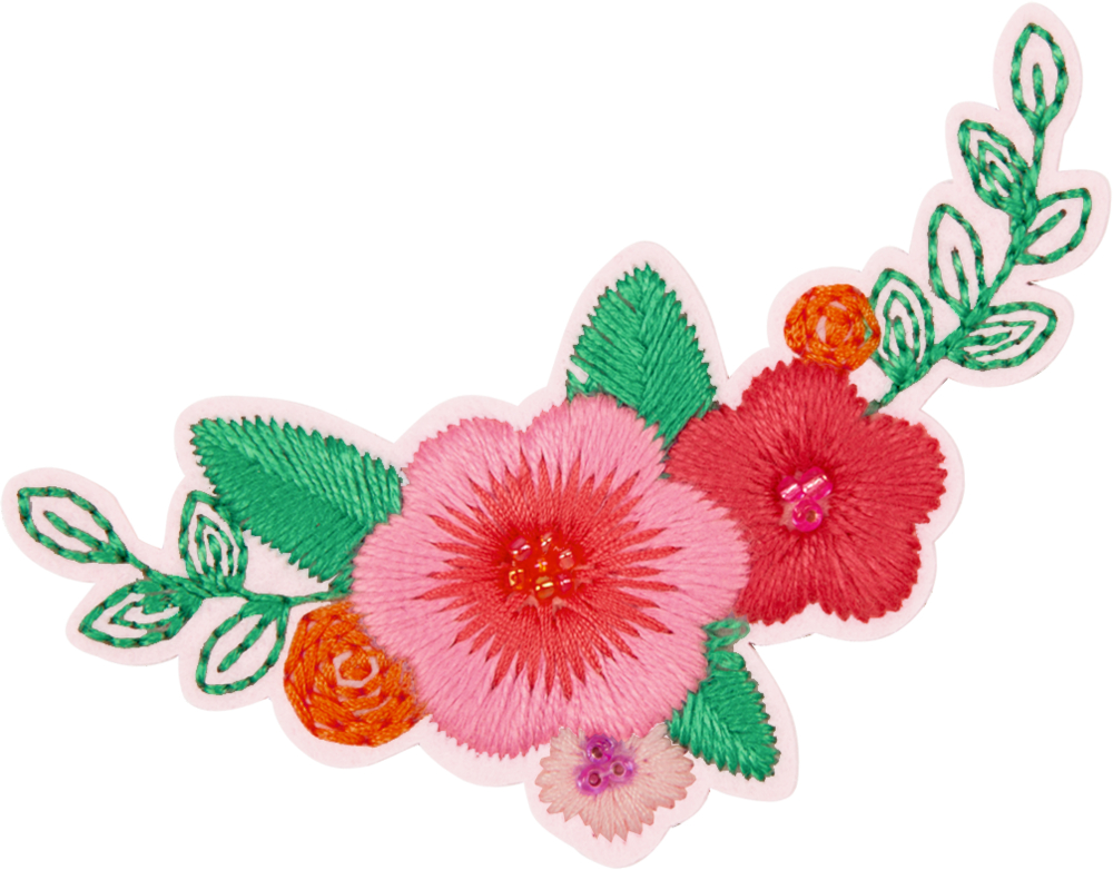 Cover-Patch: Bestickter Aufnäher mit rosa und roten Blumen, grünen Blättern und kleinen orangefarbenen Akzenten.