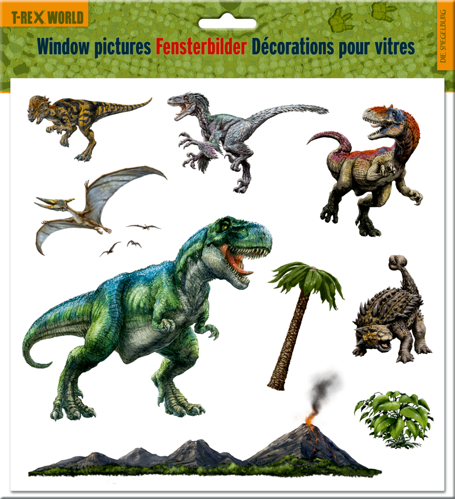 Fensterbilder - T-Rex World Stickerbogen mit illustrierten Dinosauriern, einem Flugsaurier, einer Palme, einem Vulkan und einer Blattpflanze.